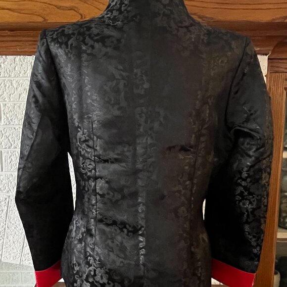 Women's Jacket Top Blazer Asian Chinese Jacquard Satin Black and Red Sz S-M - Picture 3 of 8